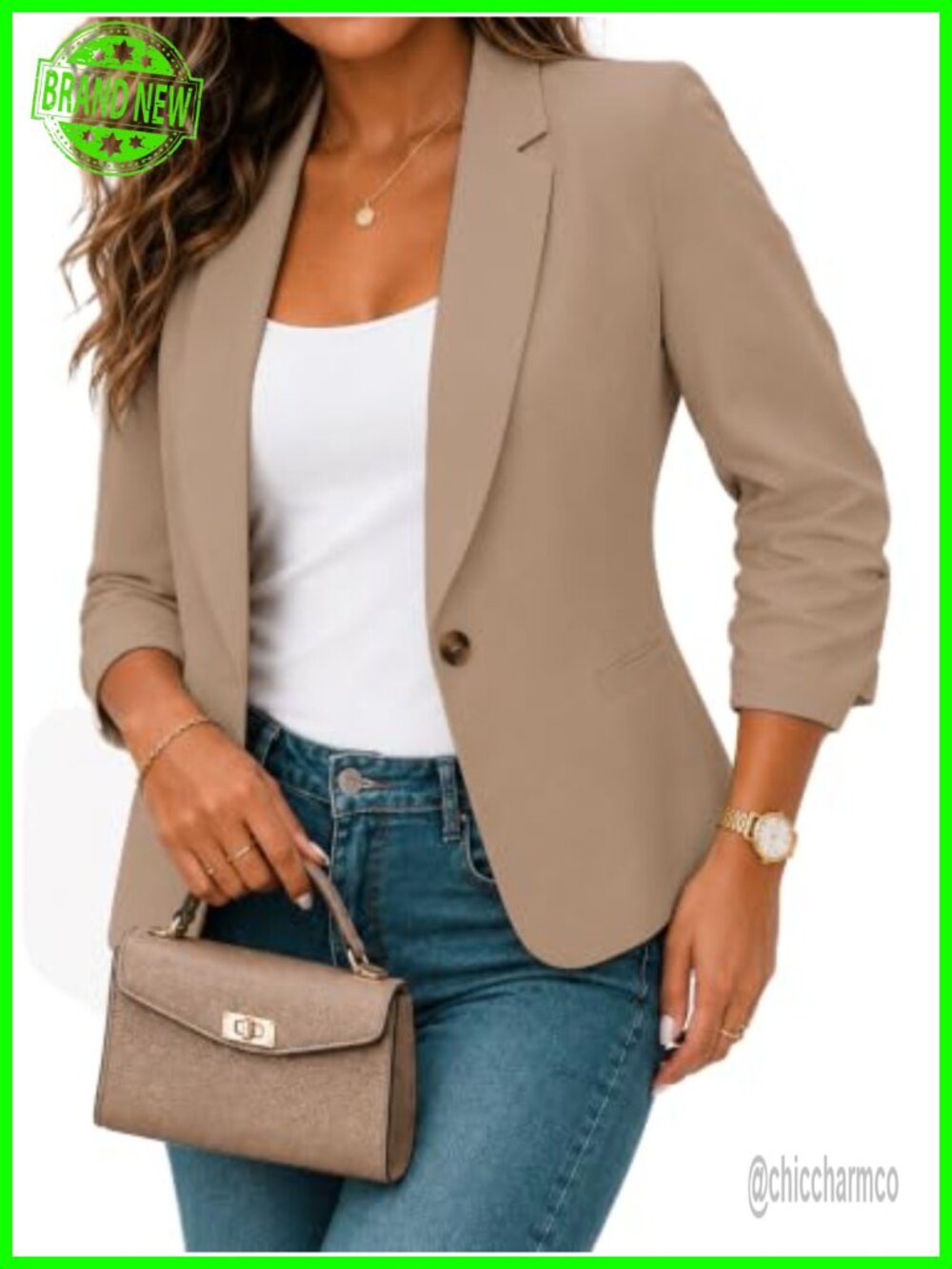 Women's Slim Fit Ruched 3/4 Sleeve Blazer Full-Lined Casual Jacket with Pockets